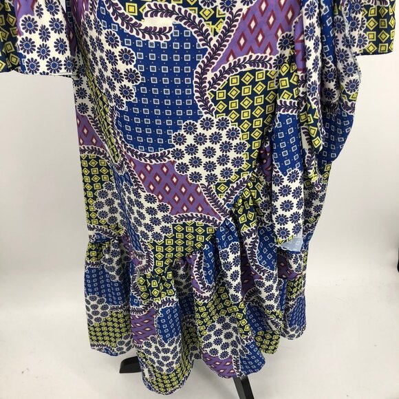 CQ by CQ multicolor geometric patchwork long sleeve ruffle Wrap Maxi dress Lg - Picture 7 of 14